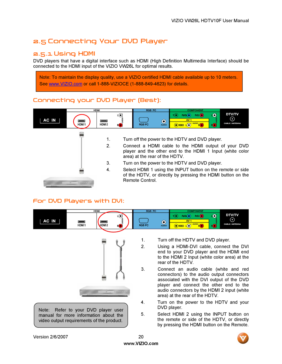 Vizio VW26L user manual Connecting Your DVD Player, Connecting your DVD Player Best, For DVD Players with DVI 