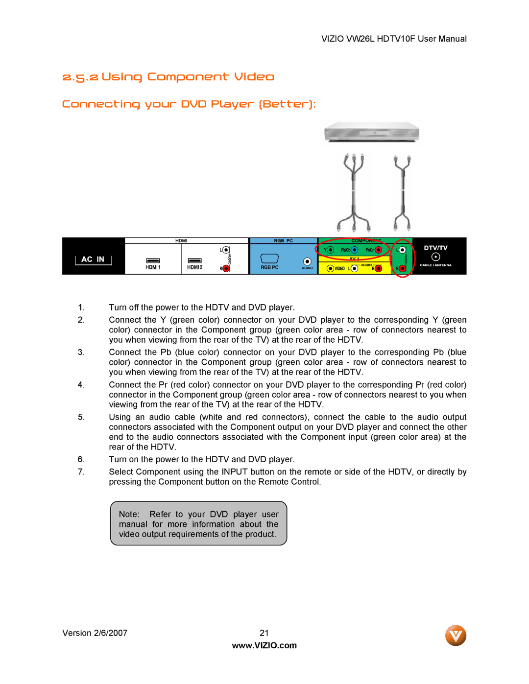 Vizio VW26L user manual Using Component Video, Connecting your DVD Player Better 