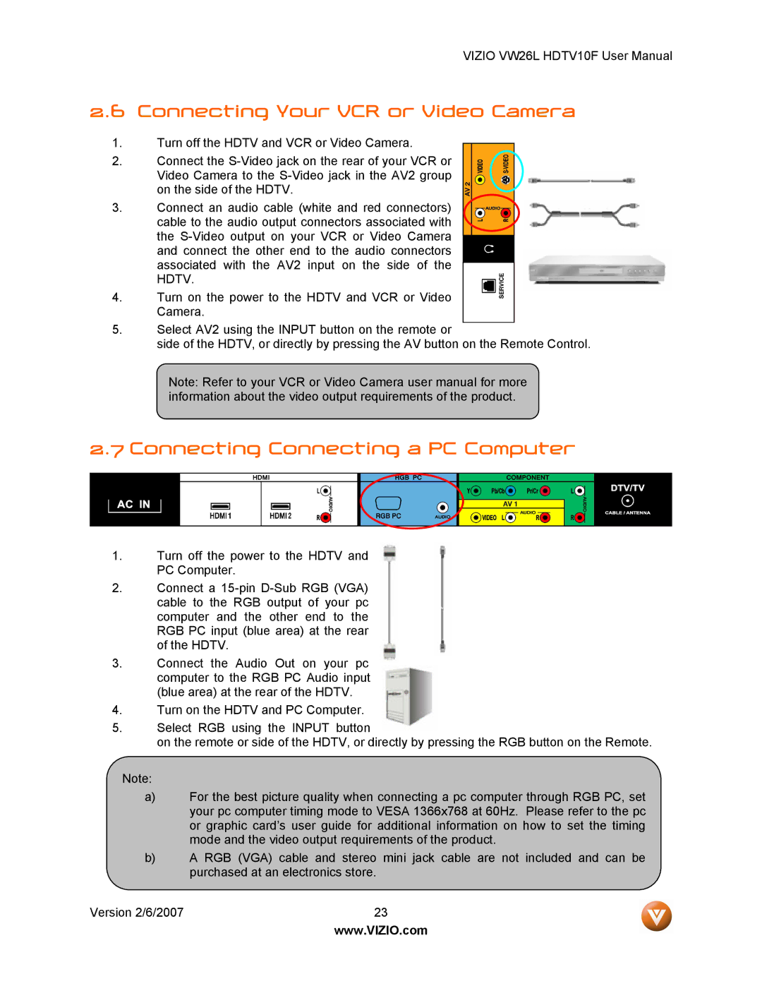 Vizio VW26L user manual Connecting Your VCR or Video Camera, Connecting Connecting a PC Computer 