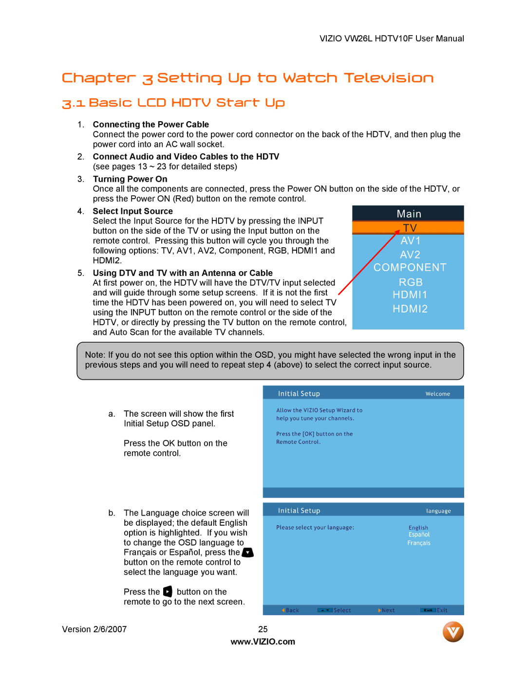 Vizio VW26L user manual Setting Up to Watch Television, Basic LCD Hdtv Start Up 