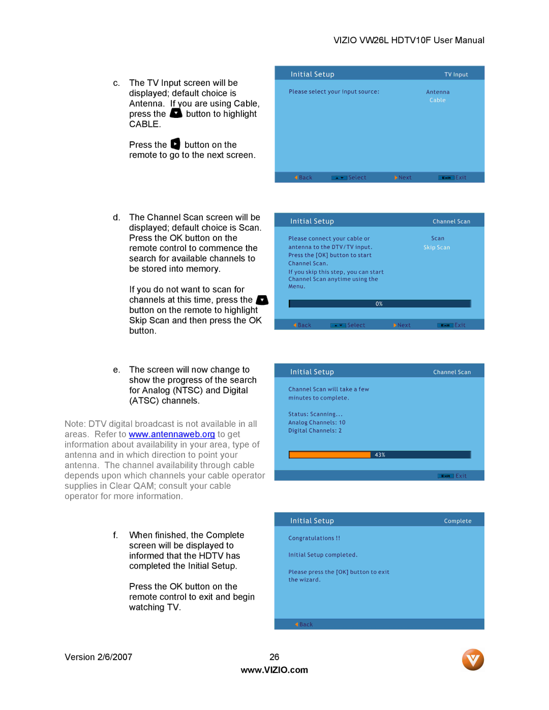 Vizio VW26L user manual Cable 