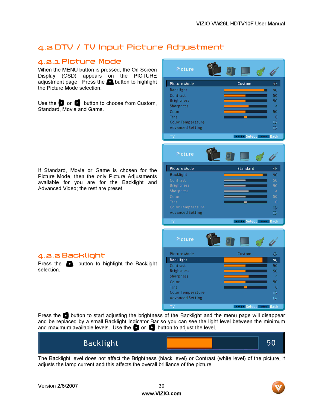 Vizio VW26L user manual DTV / TV Input Picture Adjustment, Picture Mode, Backlight 