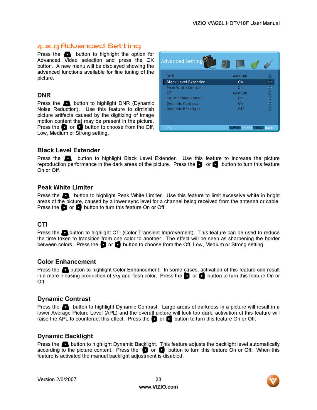 Vizio VW26L user manual Advanced Setting, Dnr 