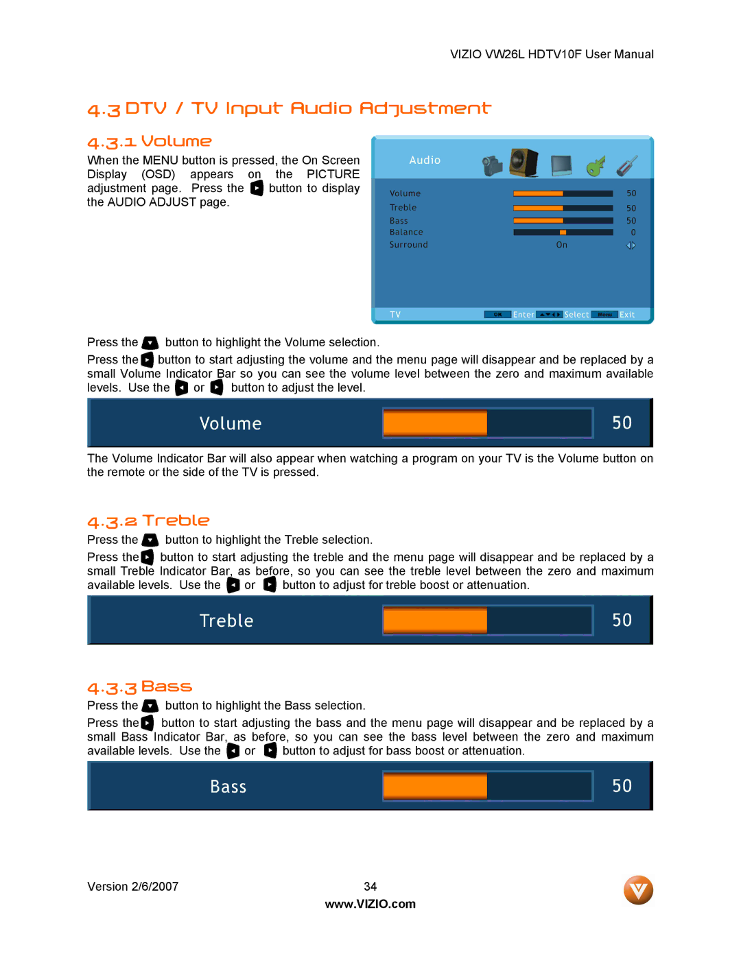 Vizio VW26L user manual DTV / TV Input Audio Adjustment, Volume, Treble, Bass 