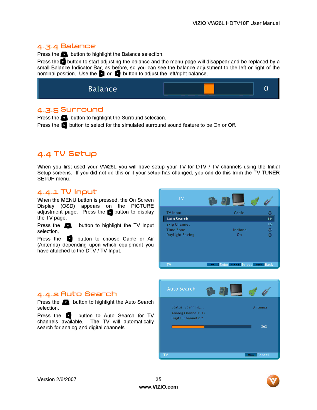 Vizio VW26L user manual TV Setup, Balance, Surround, TV Input, Auto Search 