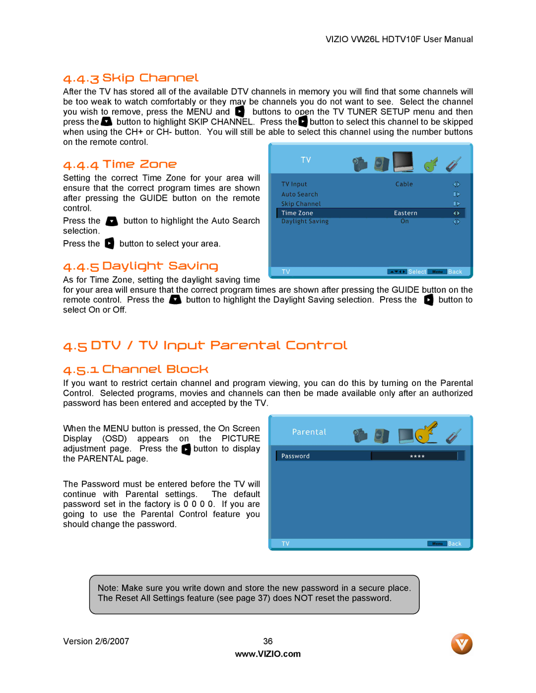 Vizio VW26L user manual DTV / TV Input Parental Control, Skip Channel, Time Zone, Daylight Saving, Channel Block 