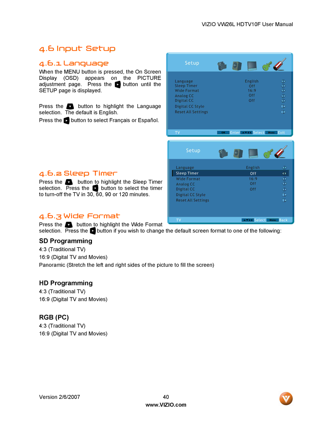Vizio VW26L user manual Input Setup, Language, Sleep Timer, Wide Format 