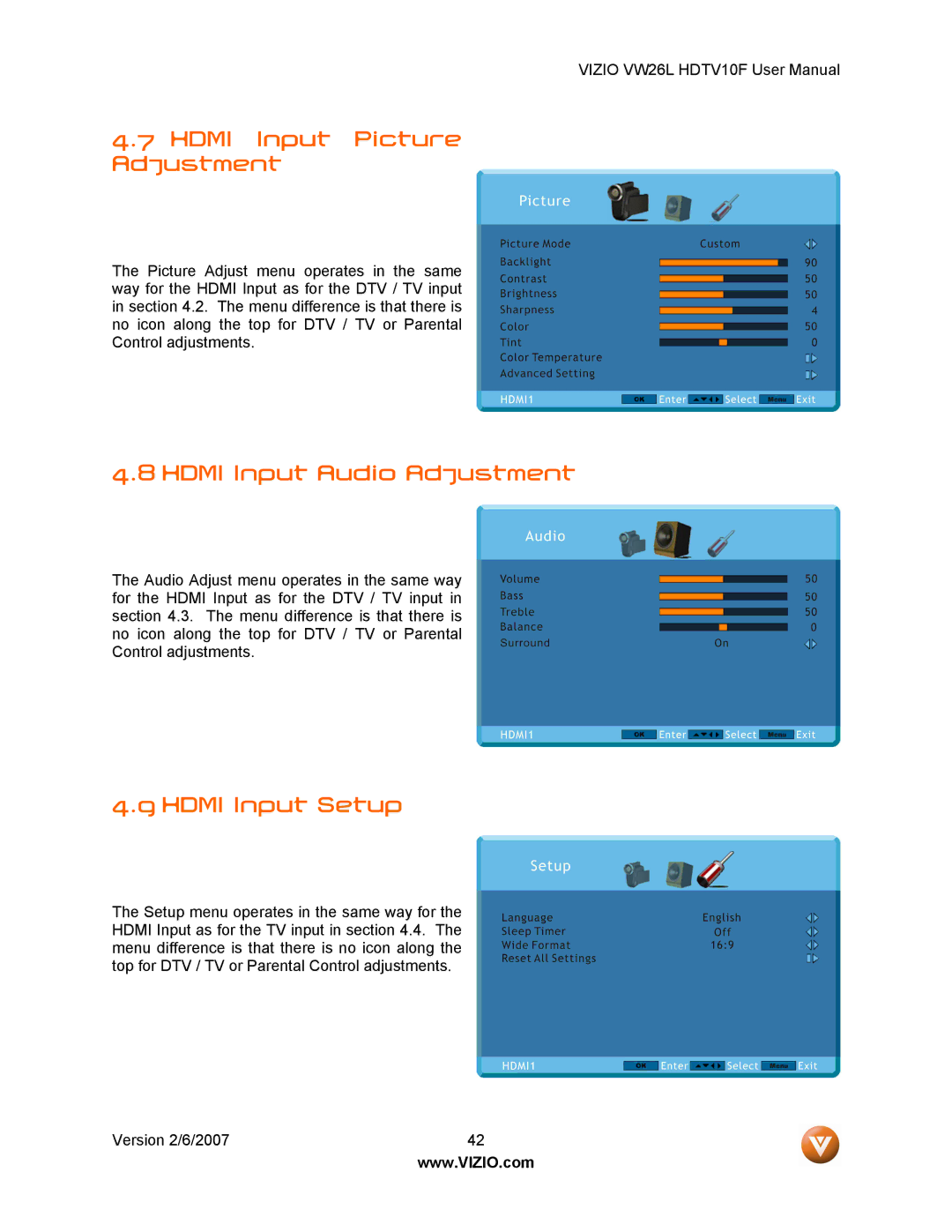 Vizio VW26L user manual Hdmi Input Picture Adjustment, Hdmi Input Audio Adjustment, Hdmi Input Setup 