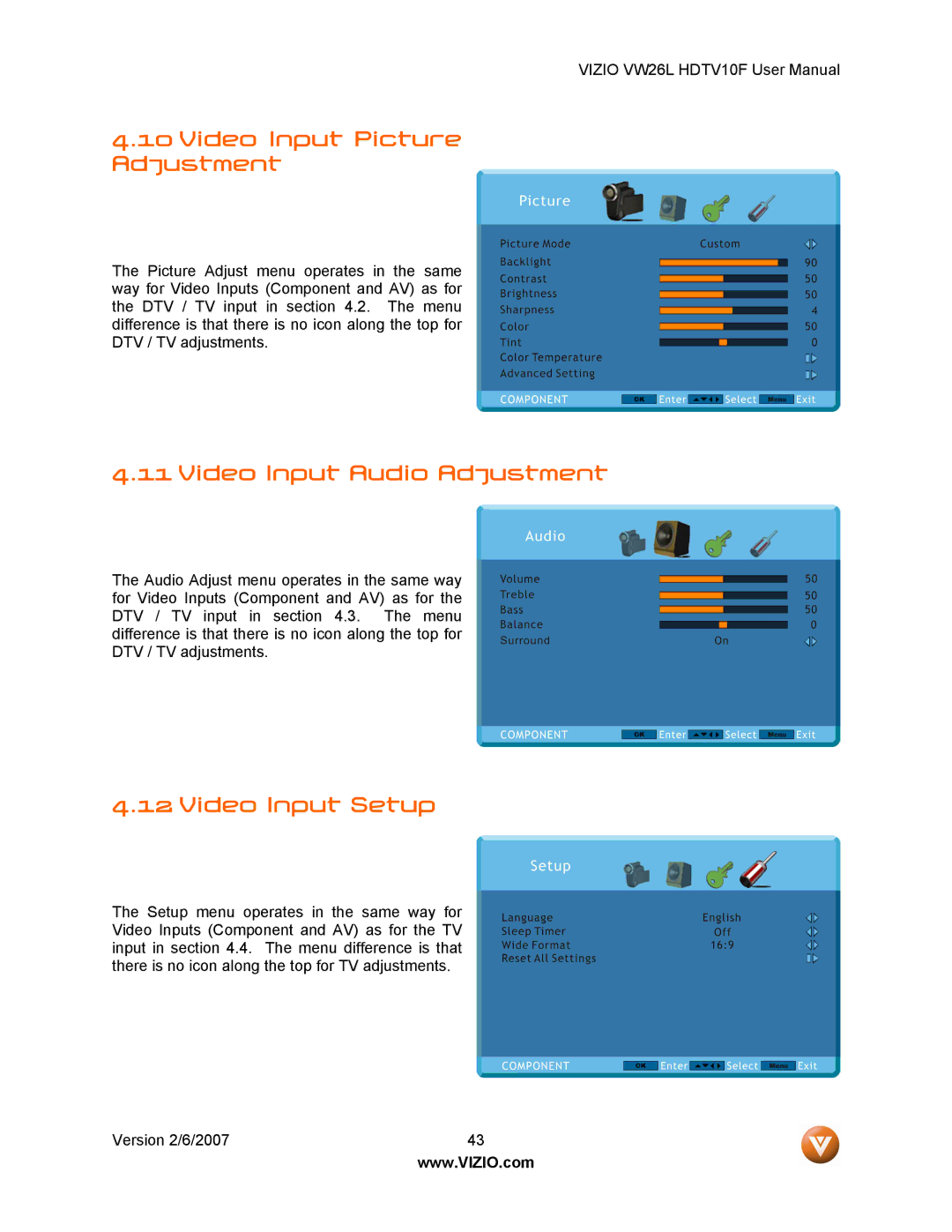 Vizio VW26L user manual Video Input Picture Adjustment, Video Input Audio Adjustment, Video Input Setup 