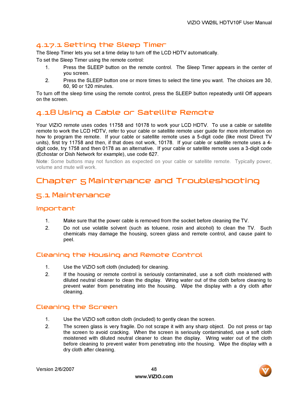 Vizio VW26L user manual Using a Cable or Satellite Remote, Maintenance, Setting the Sleep Timer, Cleaning the Screen 