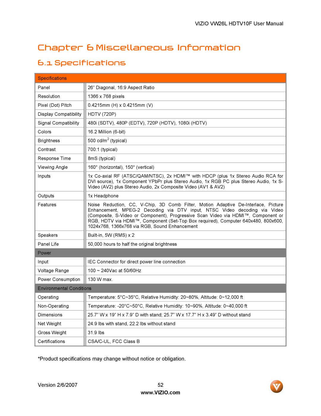 Vizio VW26L user manual Miscellaneous Information, Specifications 