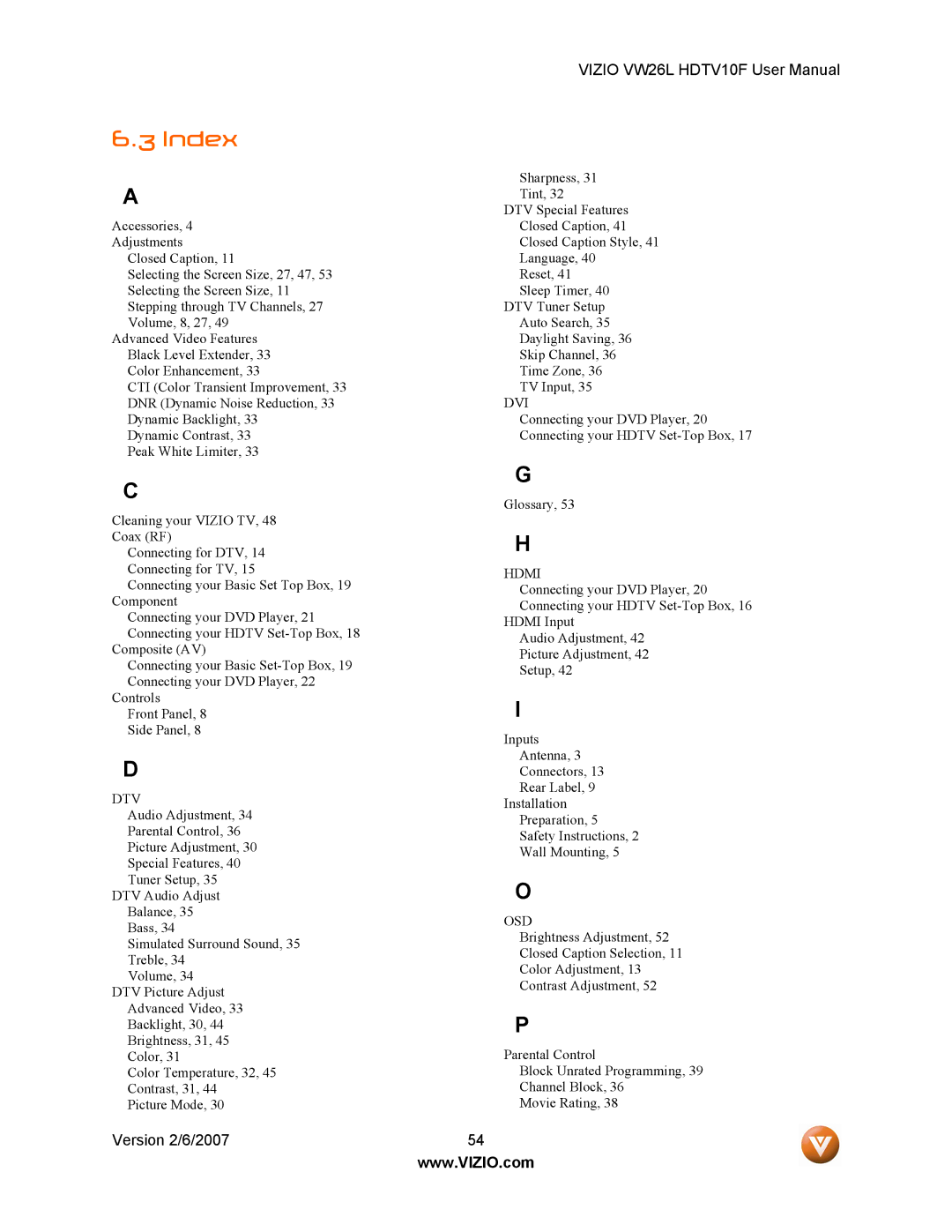 Vizio VW26L user manual Index, Dvi 