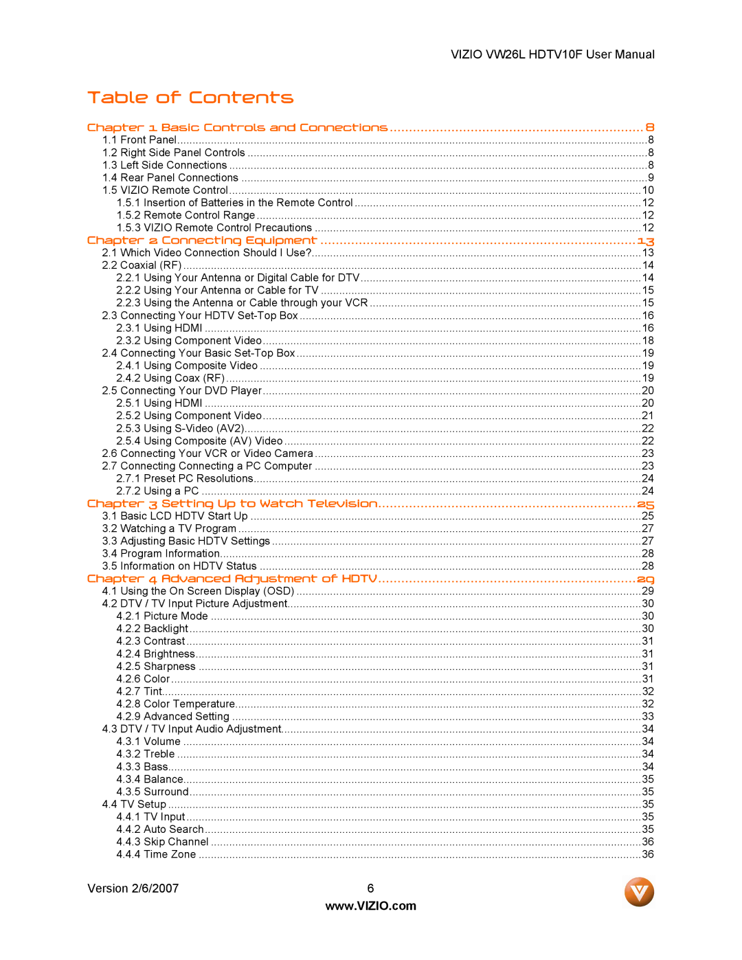 Vizio VW26L user manual Table of Contents 