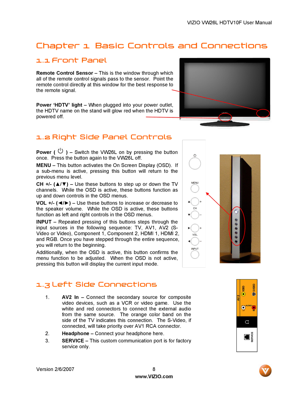 Vizio VW26L user manual Front Panel, Right Side Panel Controls, Left Side Connections 