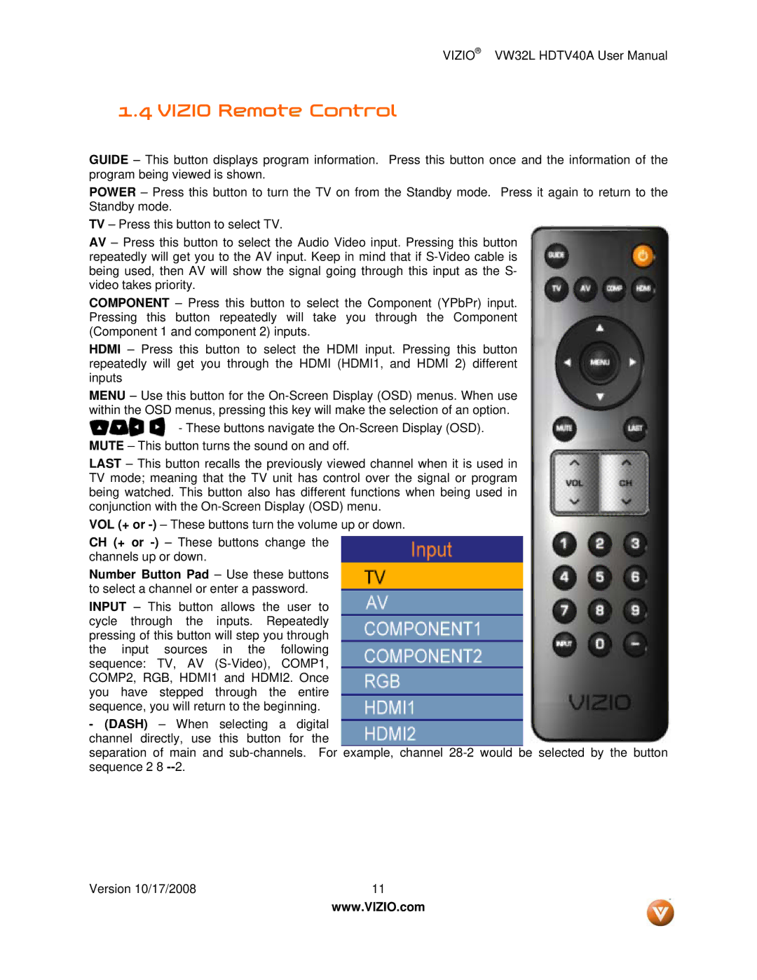 Vizio VW32L HDTV40A user manual Vizio Remote Control 