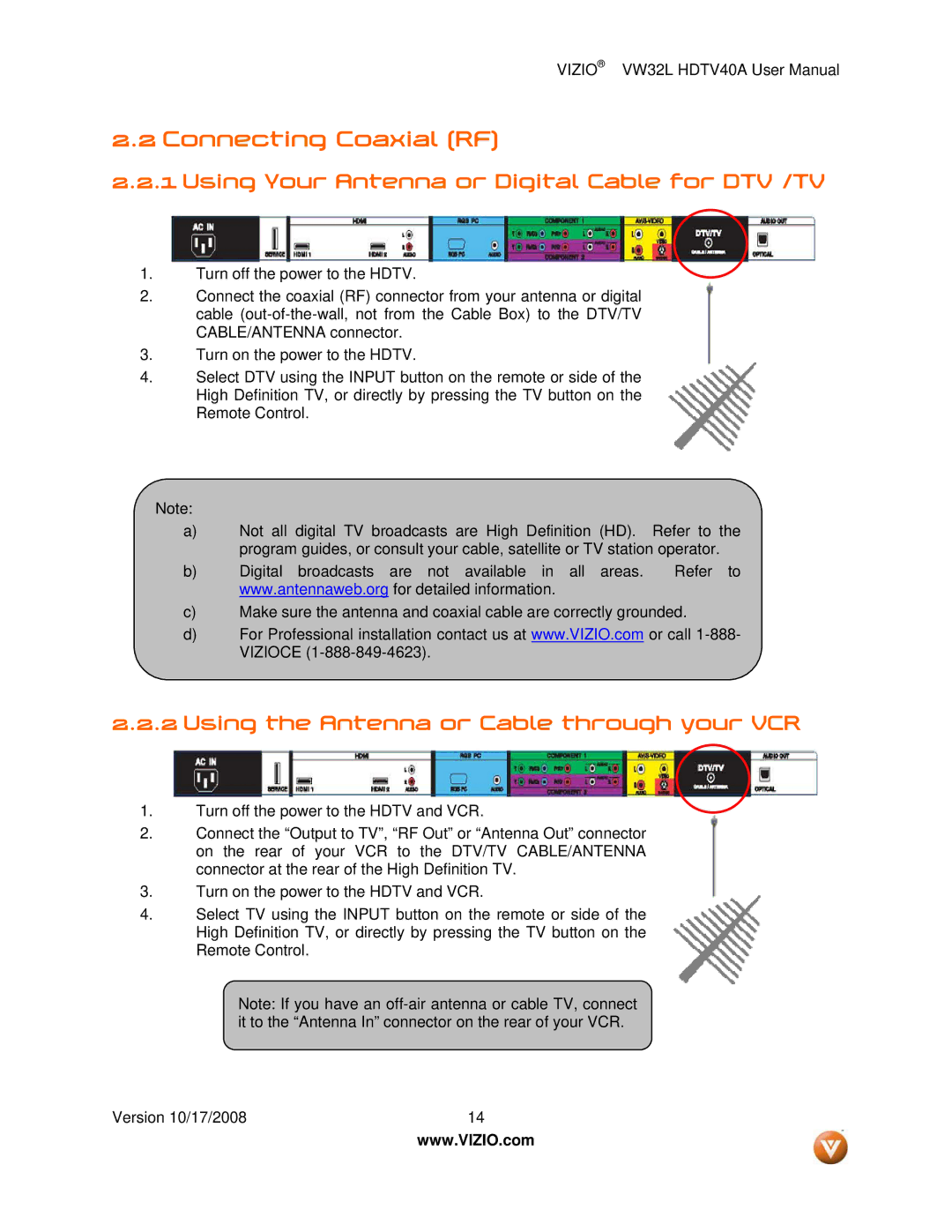 Vizio VW32L HDTV40A user manual Connecting Coaxial RF, Using Your Antenna or Digital Cable for DTV /TV 