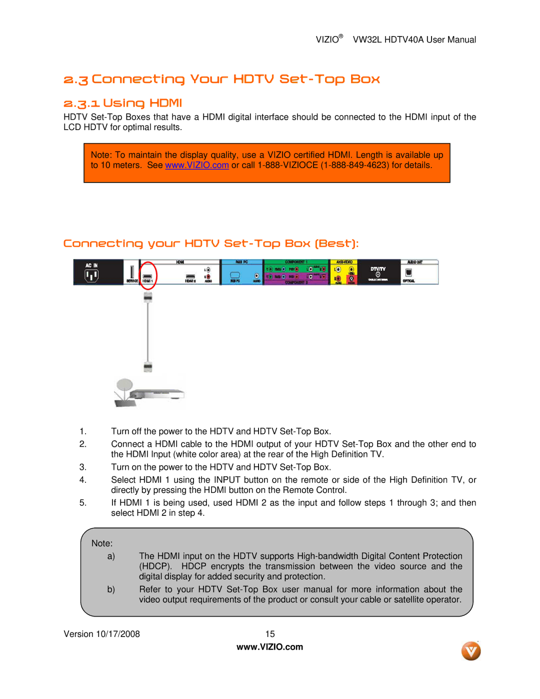 Vizio VW32L HDTV40A user manual Connecting Your Hdtv Set-Top Box, Using Hdmi, Connecting your Hdtv Set-Top Box Best 