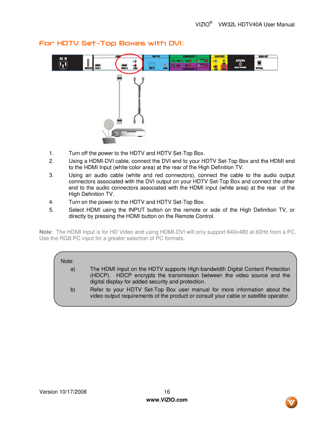 Vizio VW32L HDTV40A user manual For Hdtv Set-Top Boxes with DVI 