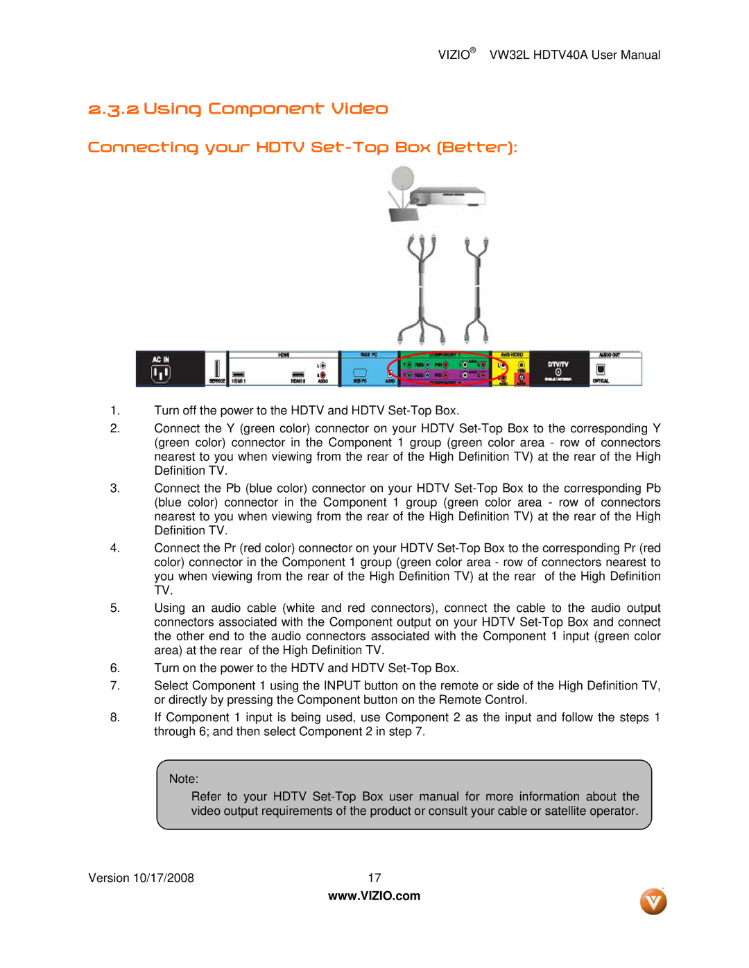 Vizio VW32L HDTV40A user manual Using Component Video, Connecting your Hdtv Set-Top Box Better 