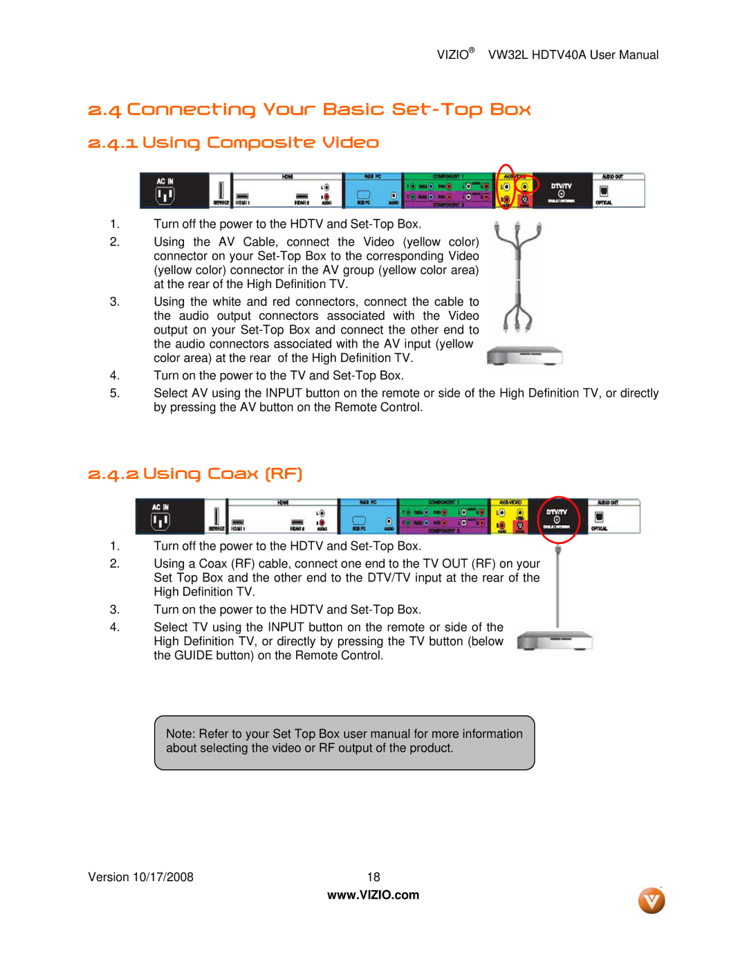 Vizio VW32L HDTV40A user manual Connecting Your Basic Set-Top Box, Using Composite Video, Using Coax RF 