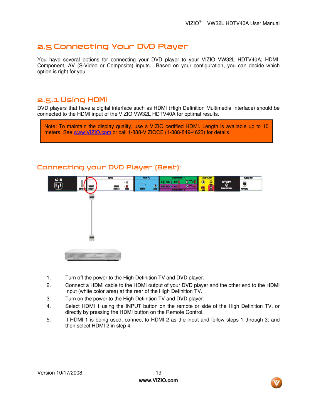 Vizio VW32L HDTV40A user manual Connecting Your DVD Player, Connecting your DVD Player Best 