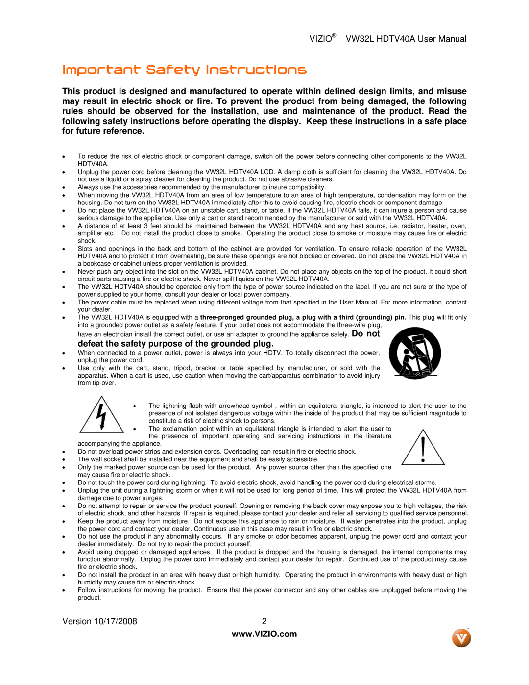 Vizio VW32L HDTV40A user manual Important Safety Instructions, Defeat the safety purpose of the grounded plug 