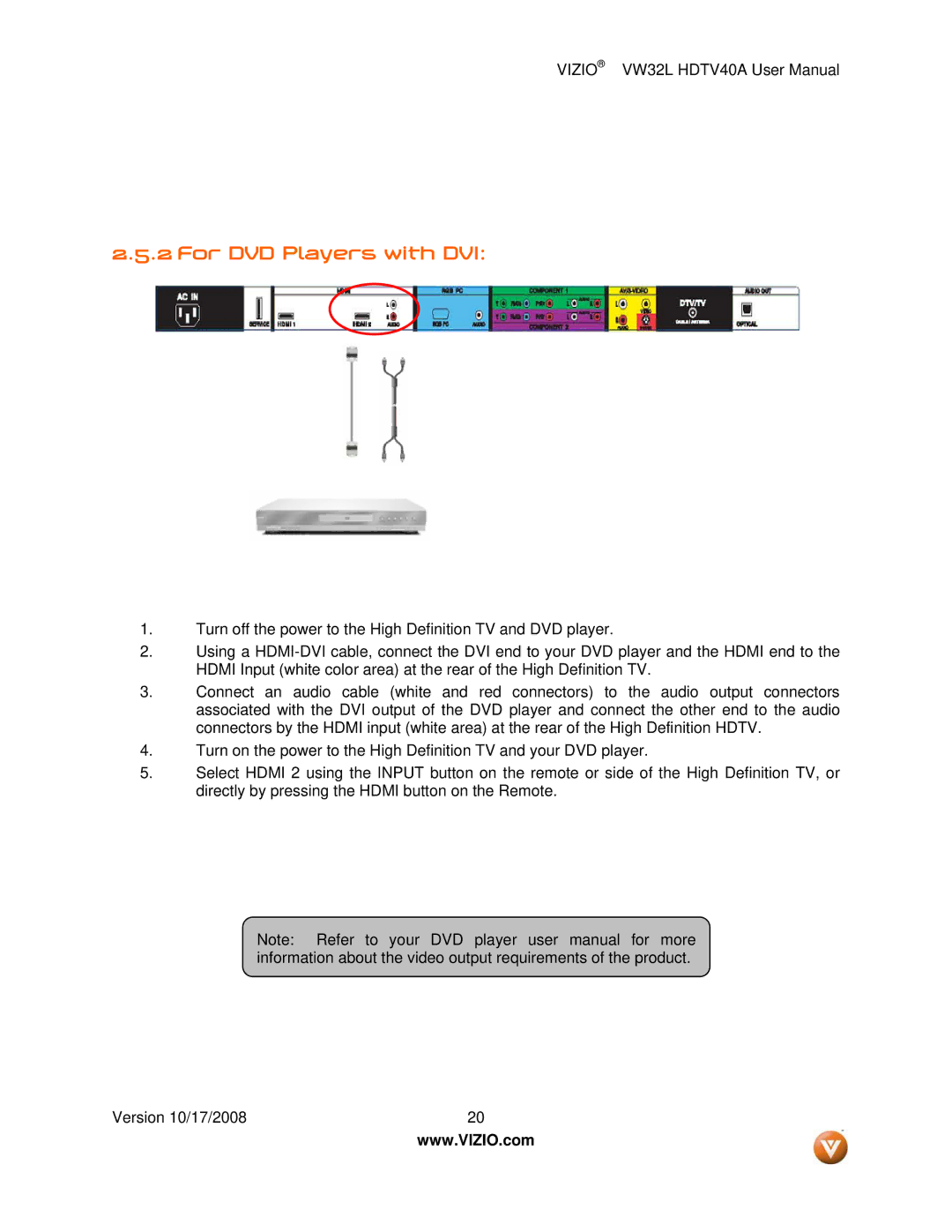 Vizio VW32L HDTV40A user manual For DVD Players with DVI 