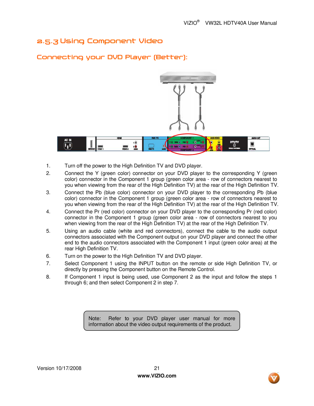 Vizio VW32L HDTV40A user manual Using Component Video, Connecting your DVD Player Better 