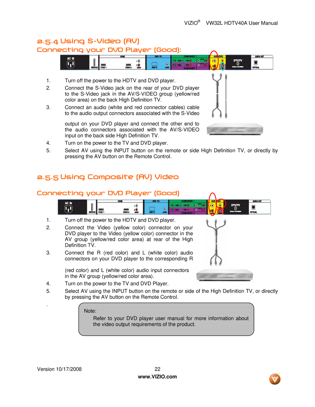 Vizio VW32L HDTV40A user manual Using S-Video AV, Using Composite AV Video, Connecting your DVD Player Good 