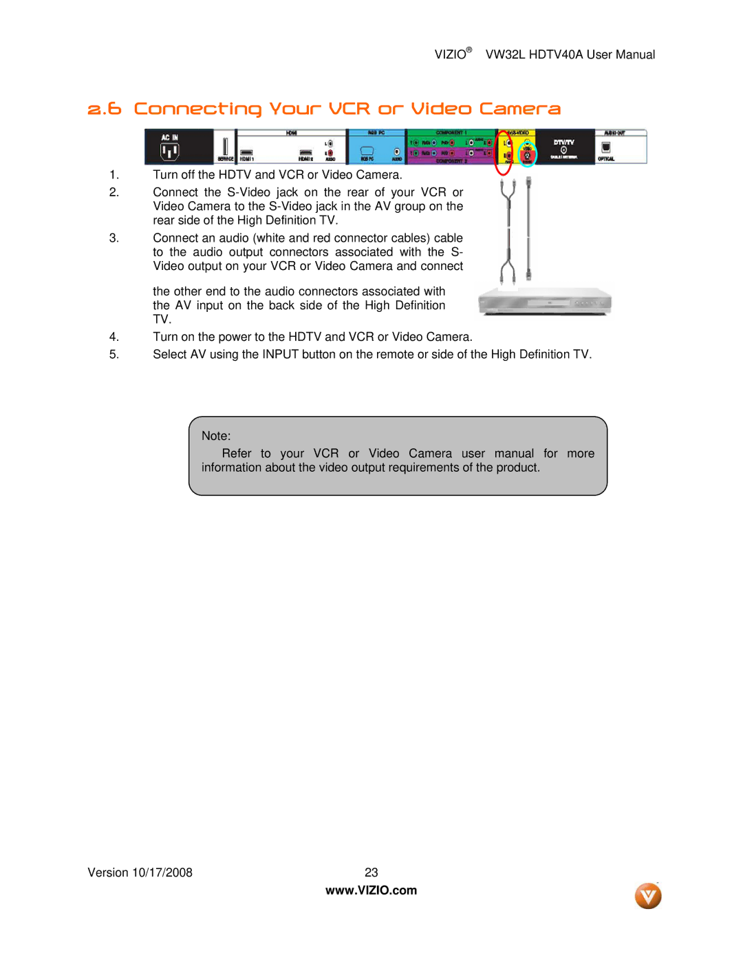 Vizio VW32L HDTV40A user manual Connecting Your VCR or Video Camera 