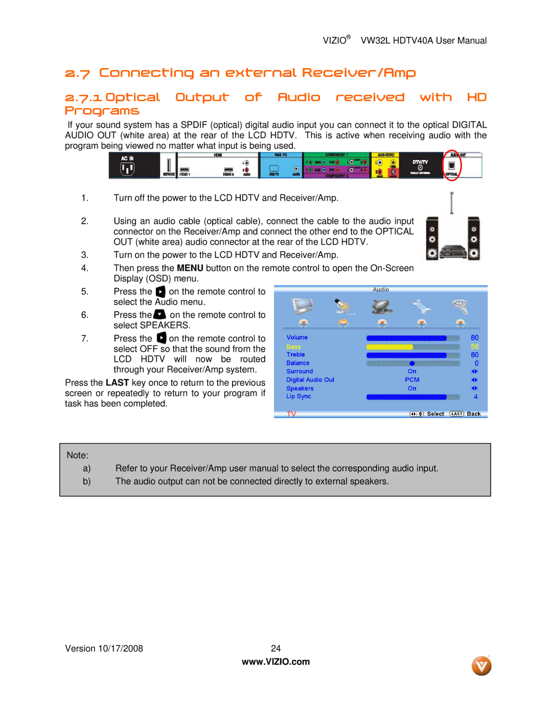 Vizio VW32L HDTV40A user manual Connecting an external Receiver/Amp, Optical Output of Audio received with HD Programs 