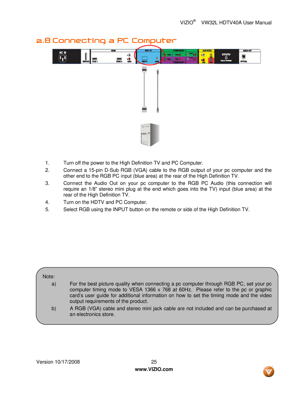 Vizio VW32L HDTV40A user manual Connecting a PC Computer 