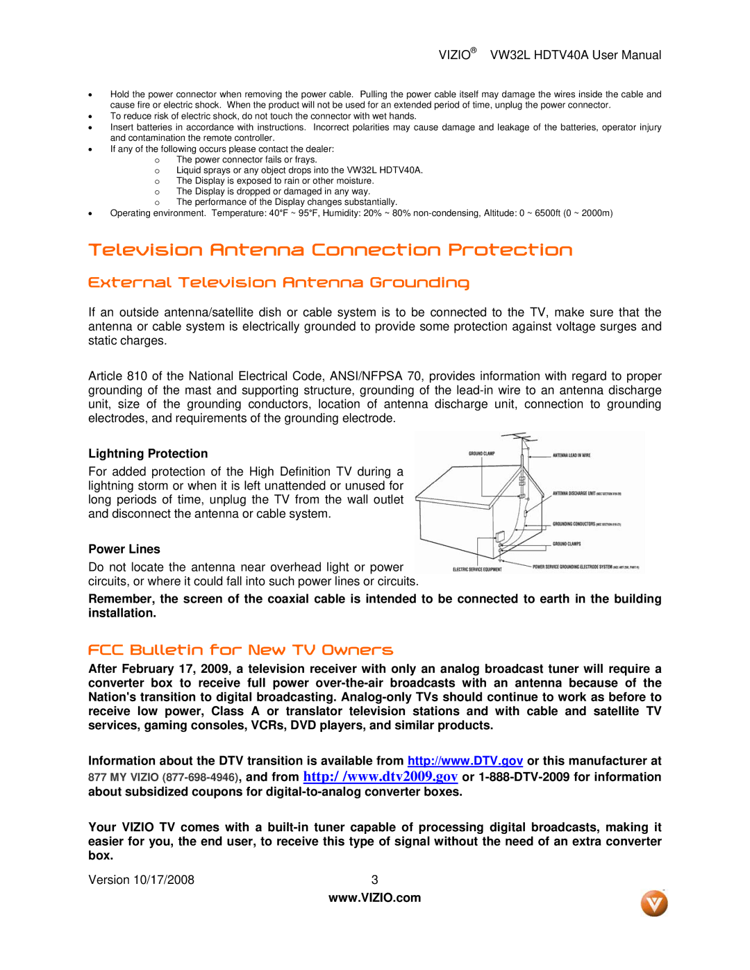 Vizio VW32L HDTV40A Television Antenna Connection Protection, External Television Antenna Grounding, Lightning Protection 