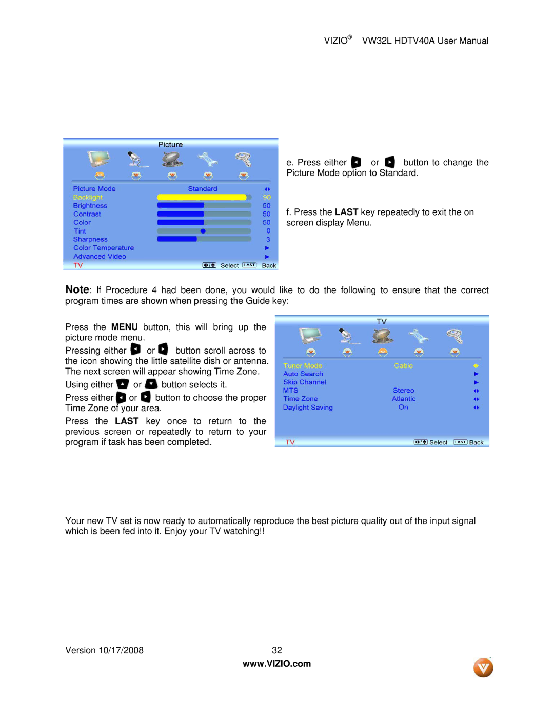 Vizio VW32L HDTV40A user manual 