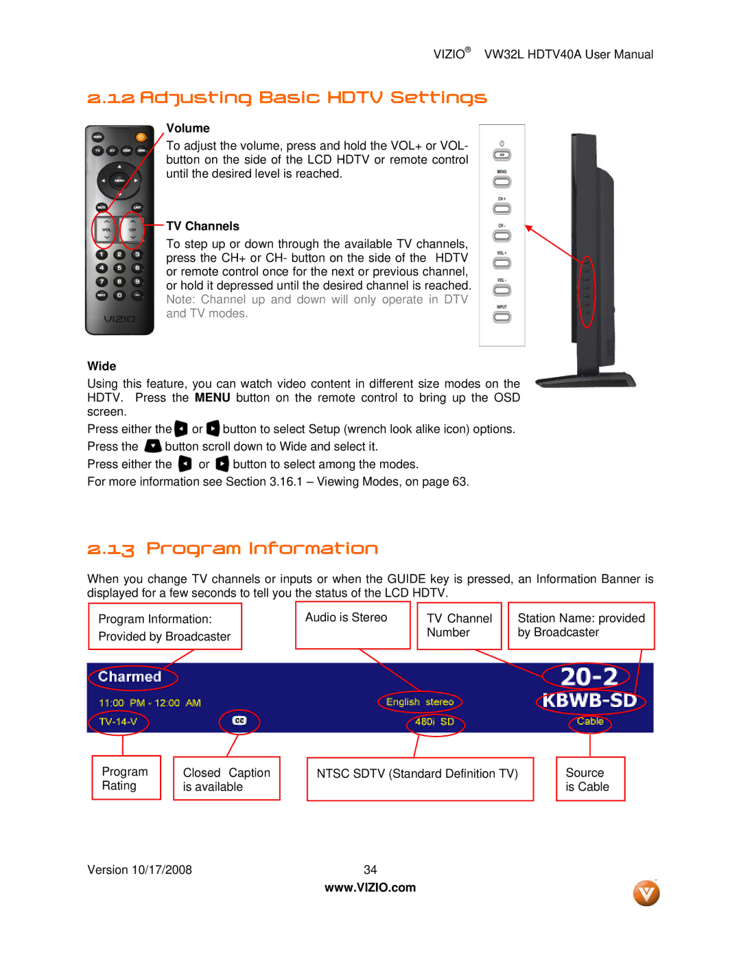 Vizio VW32L HDTV40A user manual Adjusting Basic Hdtv Settings, Program Information, Volume, TV Channels, Wide 