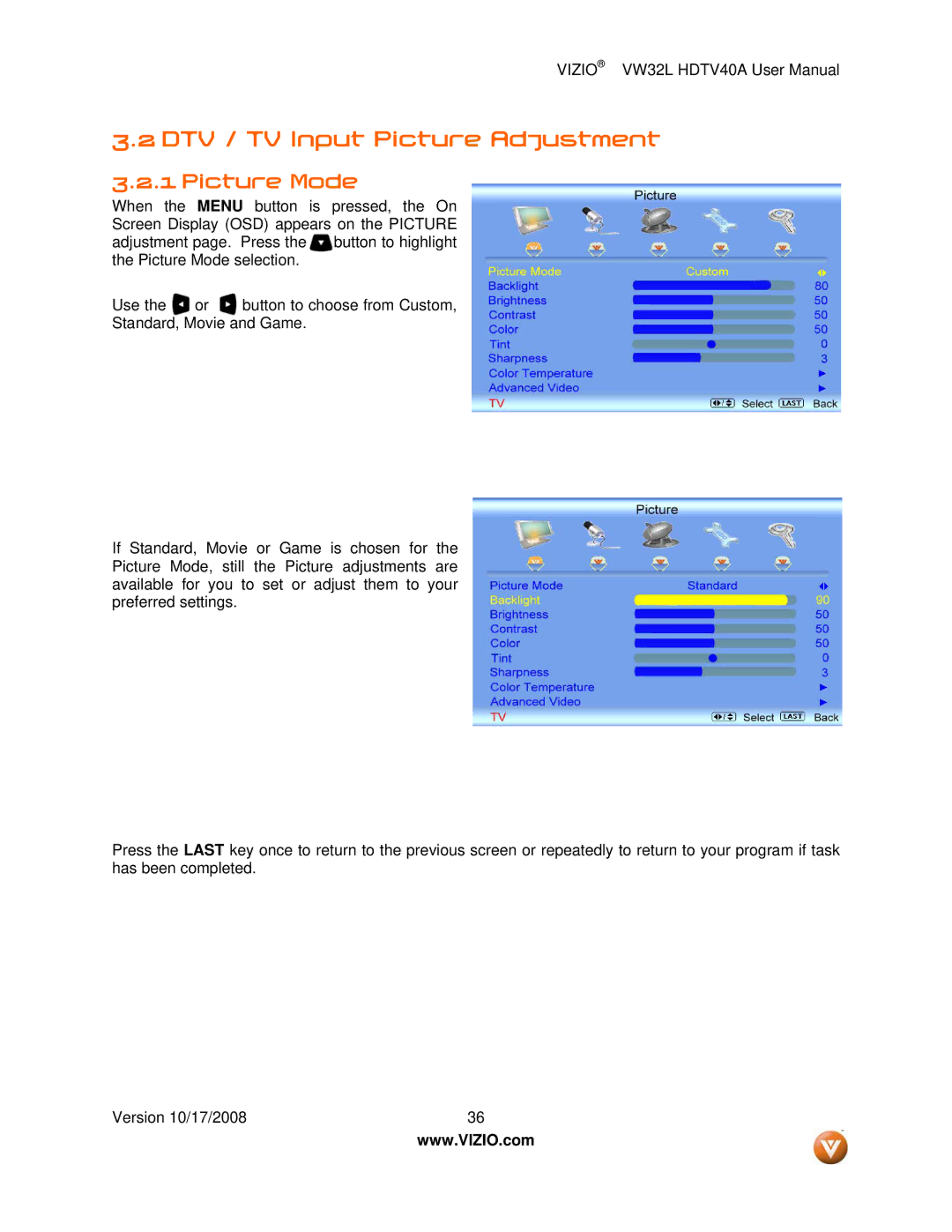 Vizio VW32L HDTV40A user manual DTV / TV Input Picture Adjustment, Picture Mode 