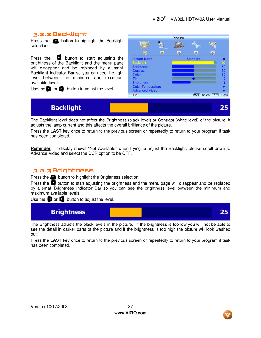 Vizio VW32L HDTV40A user manual Backlight, Brightness 