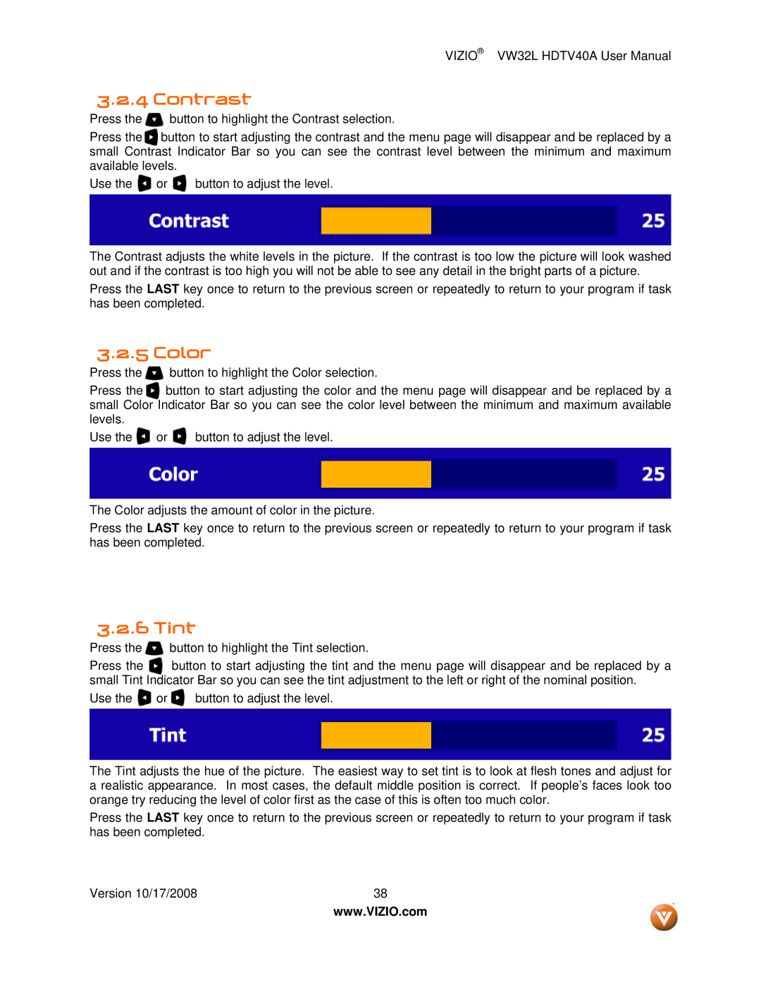 Vizio VW32L HDTV40A user manual Contrast, Color, Tint 