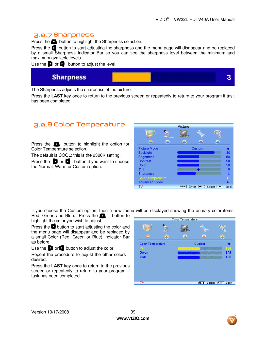 Vizio VW32L HDTV40A user manual Sharpness, Color Temperature 