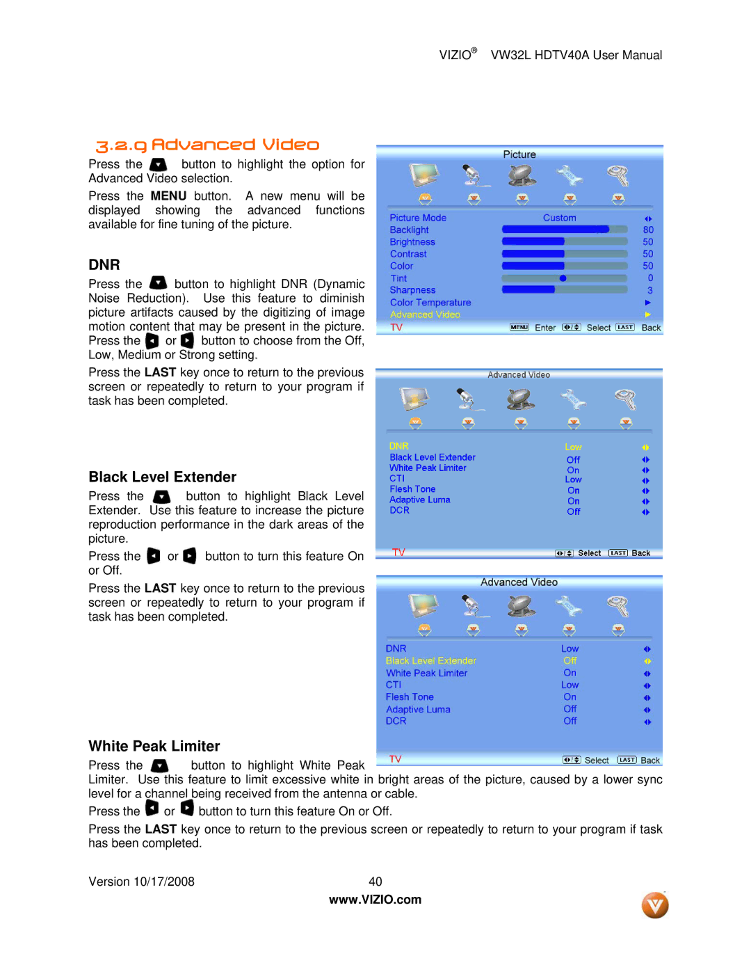 Vizio VW32L HDTV40A user manual Advanced Video, Dnr 