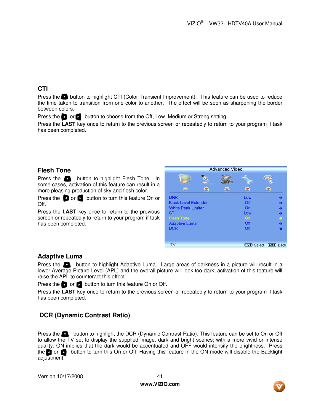 Vizio VW32L HDTV40A user manual Cti 