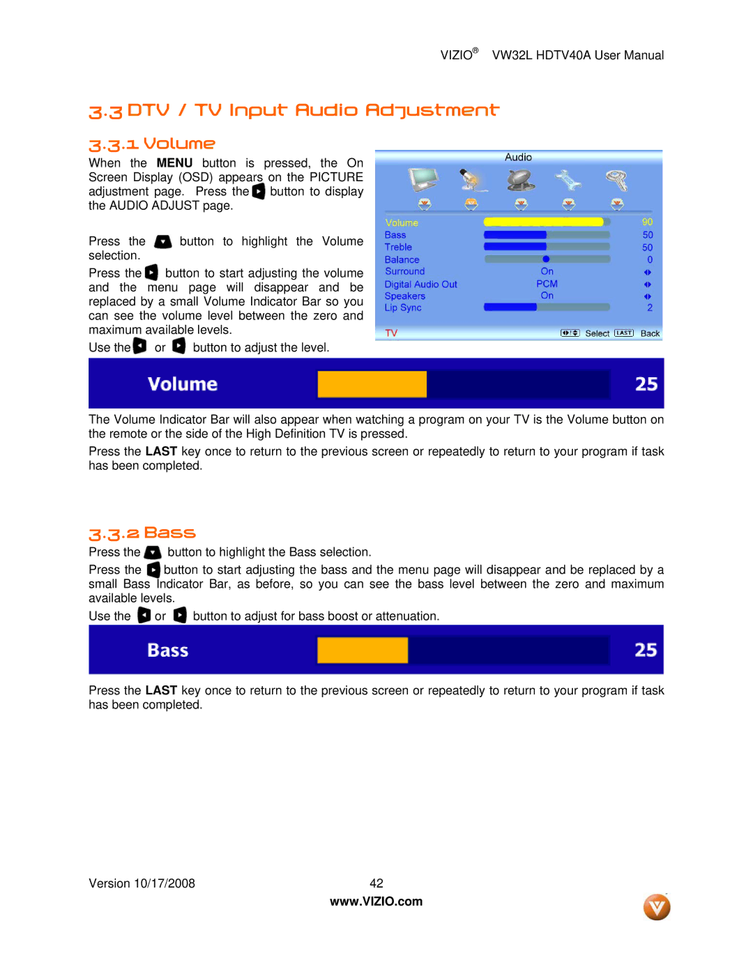 Vizio VW32L HDTV40A user manual DTV / TV Input Audio Adjustment, Volume, Bass 