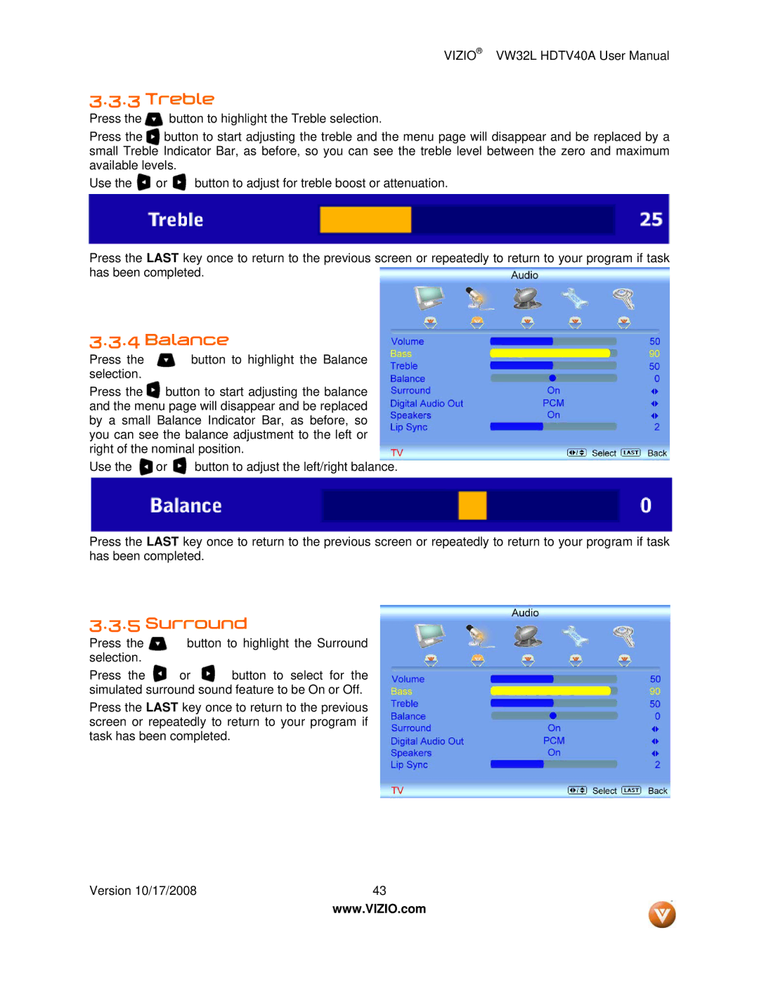 Vizio VW32L HDTV40A user manual Treble, Balance, Surround 