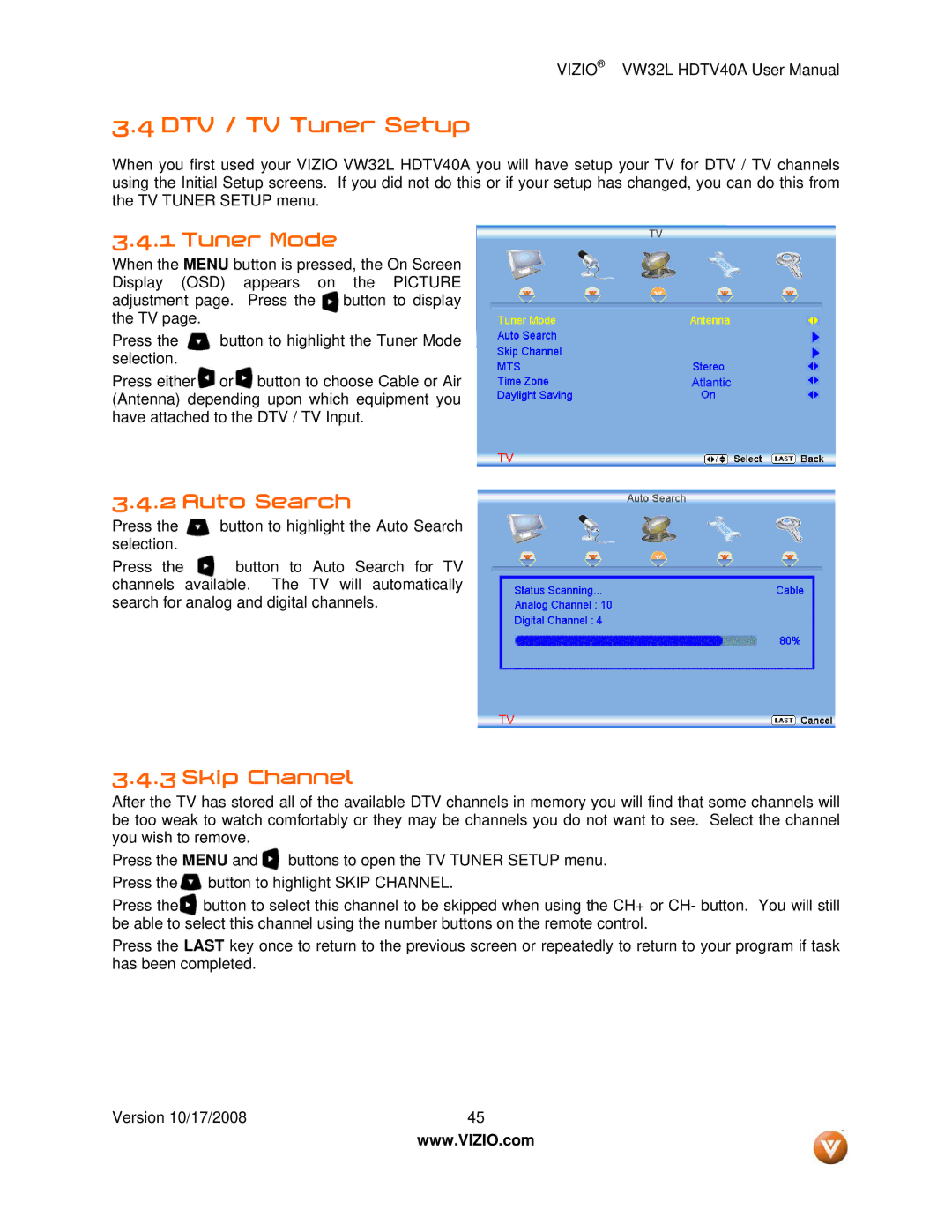 Vizio VW32L HDTV40A user manual DTV / TV Tuner Setup, Tuner Mode, Auto Search, Skip Channel 