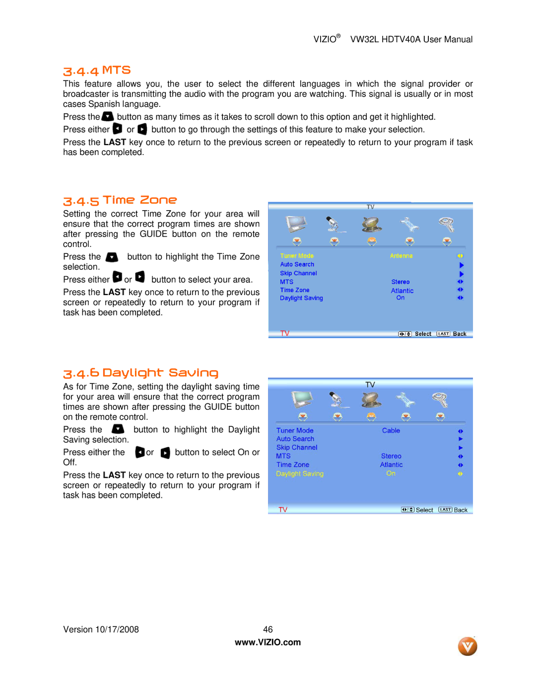 Vizio VW32L HDTV40A user manual 4 MTS, Time Zone, Daylight Saving 