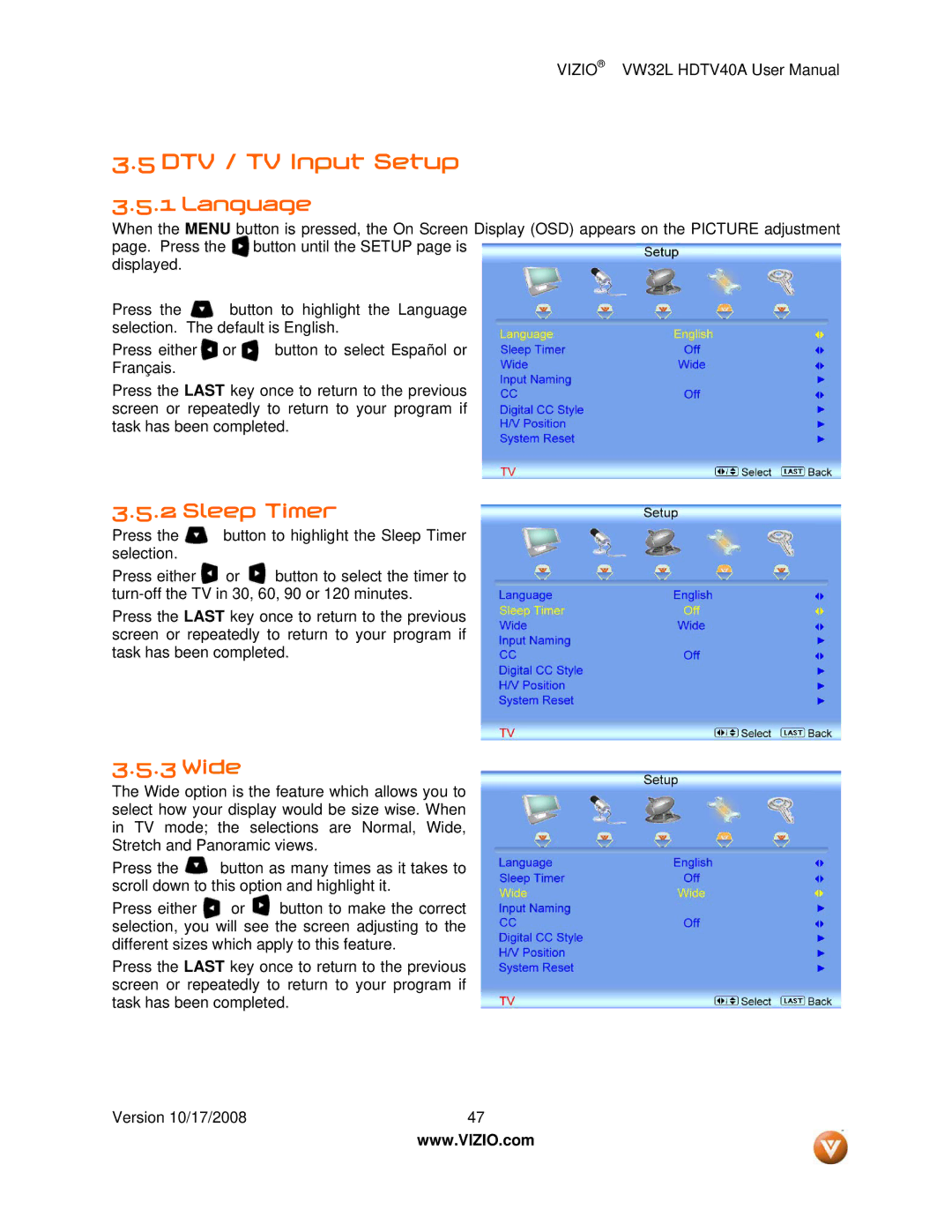 Vizio VW32L HDTV40A user manual DTV / TV Input Setup, Language, Sleep Timer, Wide 