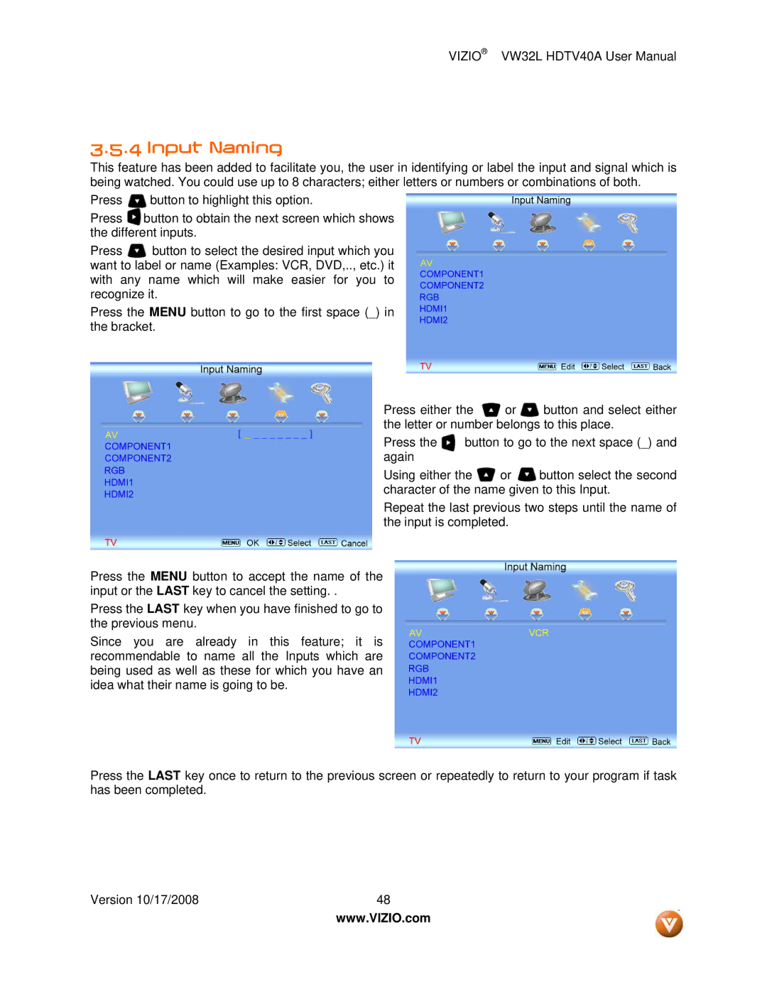 Vizio VW32L HDTV40A user manual Input Naming 