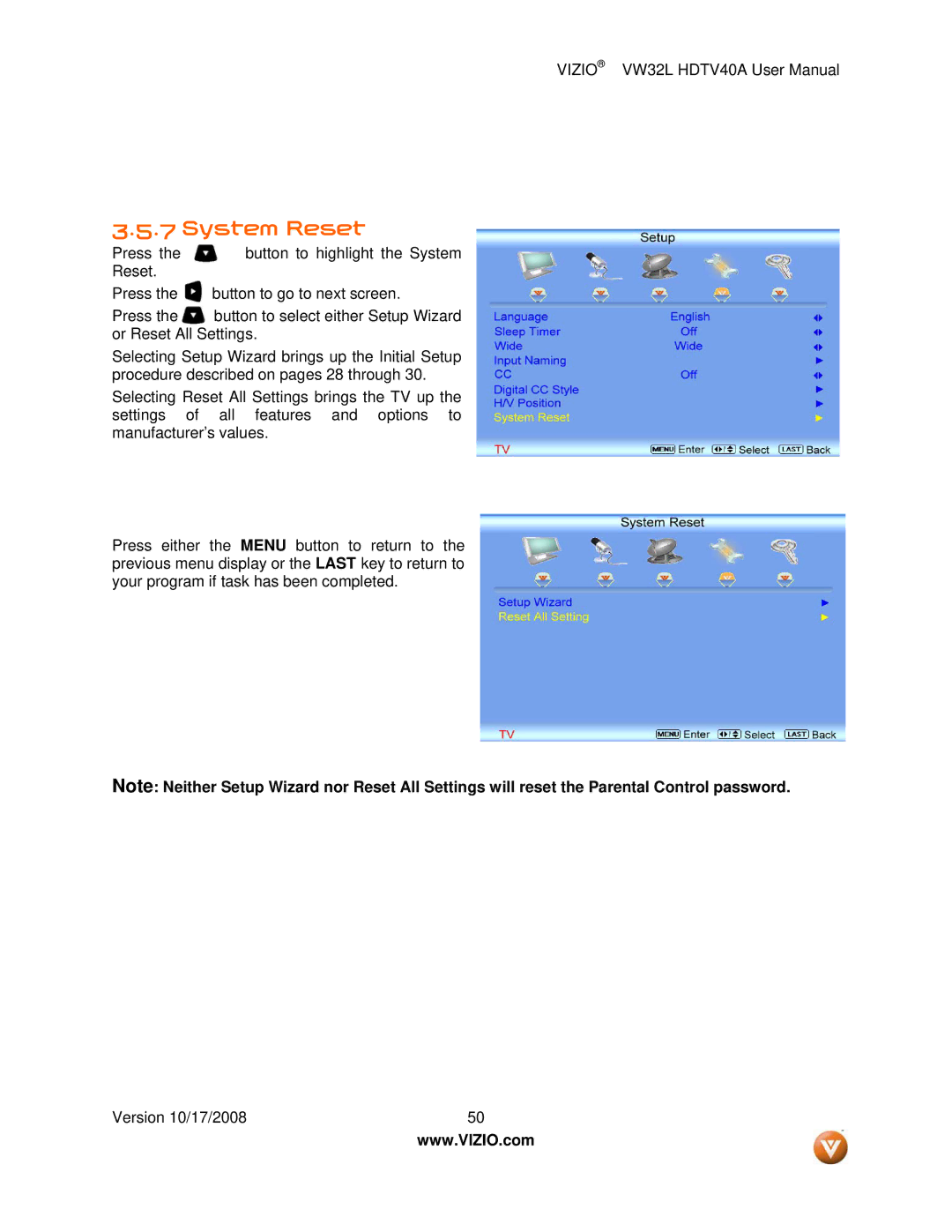 Vizio VW32L HDTV40A user manual System Reset 