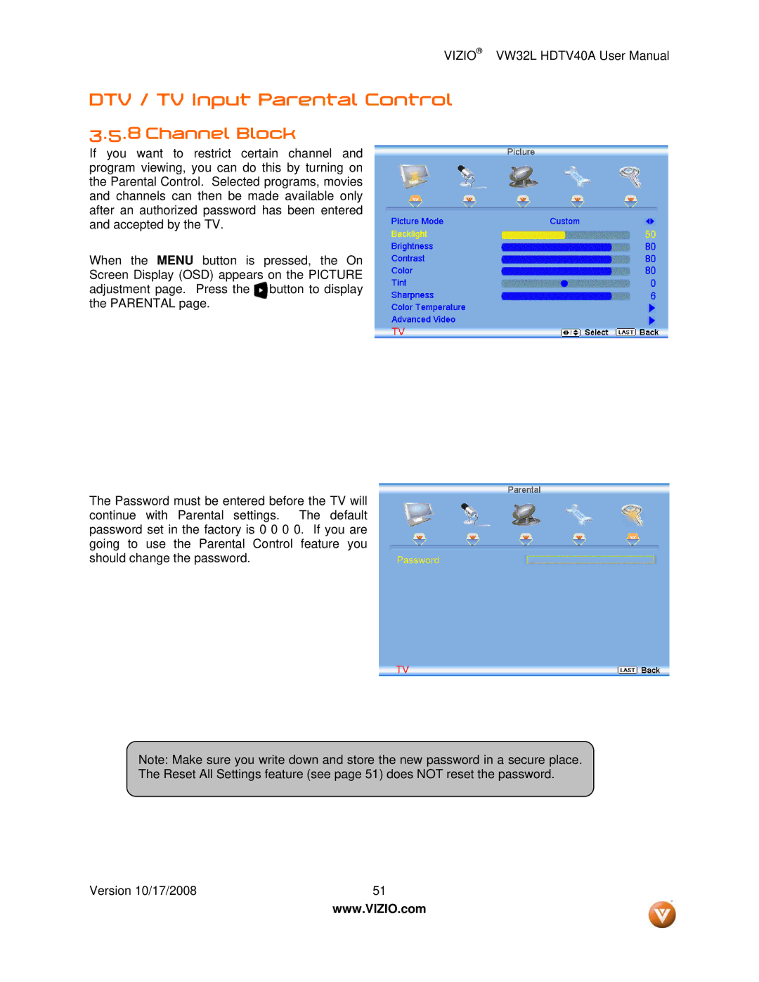 Vizio VW32L HDTV40A user manual DTV / TV Input Parental Control, Channel Block 