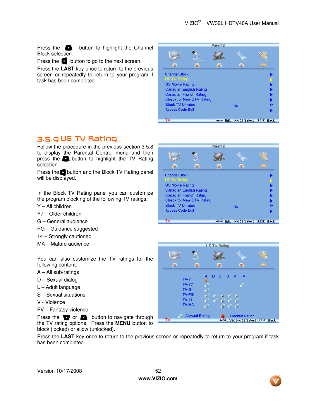 Vizio VW32L HDTV40A user manual US TV Rating 